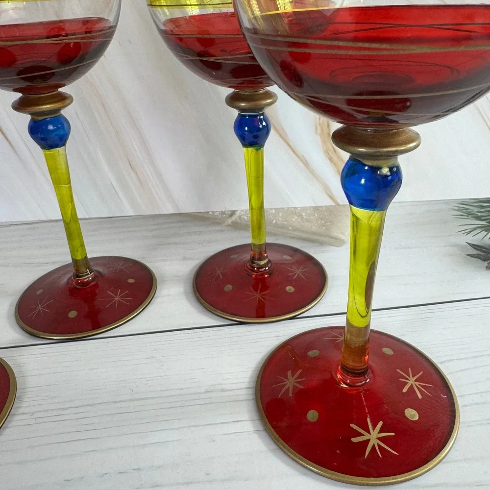 Wine Glasses Set of 4 Red Lime Green Hand Painted Starburst Festive Holidays